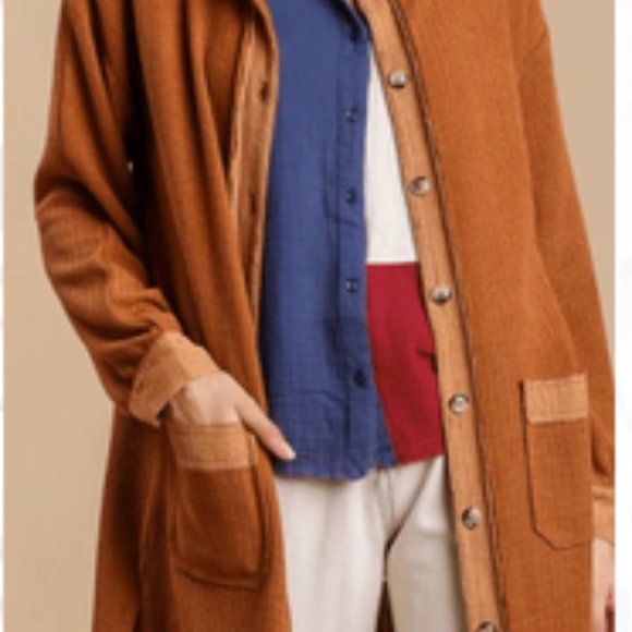 UMGEE Boho Waffle Weave Long Coat Frayed Edges Rust Oversize Fall, sz L-1X NOTE - Picture 3 of 14